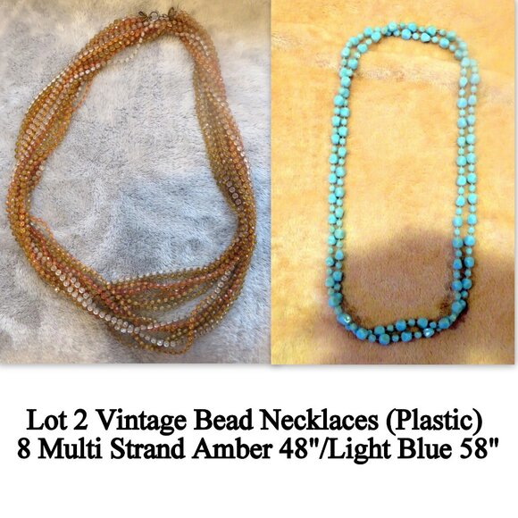 Lot 2 Vintage Bead Necklaces (Plastic) -8 Multi Strand Amber 48"/Light Blue 58" - Picture 1 of 16
